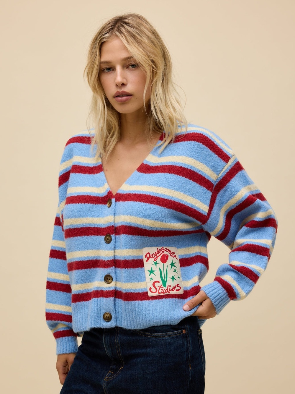 Daydreamer Stripe Boxy Knit Cardigan in Airey Blue Stripe NWT